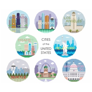 Città degli Stati Uniti, SCHEMA punto croce da viaggio, Chicago, Houston, Los Angeles, Miami, New York, Seattle, St.Louis, Washington DC