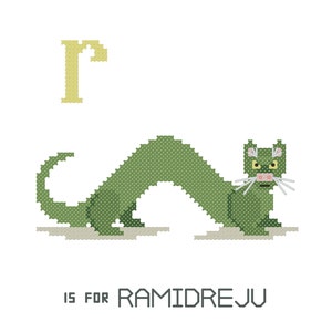 May include: An illustration of a weasel in green and white, with the letter "R" in yellow above it. The text "R is for Ramidreju" is below the weasel.