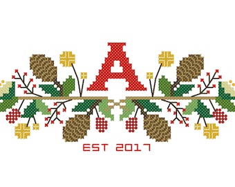 Holiday cross stitch PATTERN, Pinecone monogram, Christmas