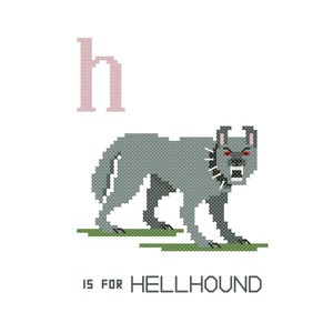 May include: A pixelated illustration of the letter 'h' in pink, followed by a grey, snarling hellhound with red eyes. The text 'IS FOR HELLHOUND' is below the image.