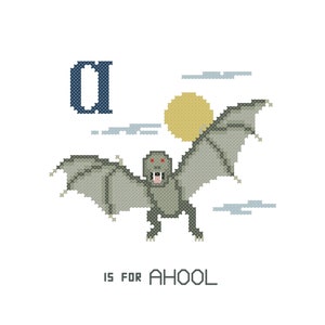 May include: A is for AHOOL. A pixel art illustration of a bat with red eyes flying in front of a yellow moon. The letter A is in the top left corner of the image.