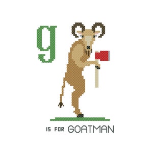 May include: A green letter 'g' with a brown goat holding a red axe. The text 'g is for goatman' is below the image.