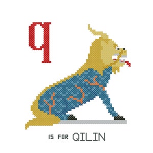 May include: A red letter Q with a stylised illustration of a Qilin, a mythical creature from Chinese mythology, with a blue and orange patterned body. The text "IS FOR QILIN" is below the image.