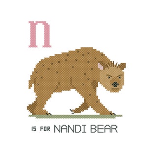 May include: A cross-stitch illustration of a Nandi Bear, a brown bear-like creature, walking from left to right. The letter "n" in pink is above the bear. The text "IS FOR NANDI BEAR" is below the bear in a green font.