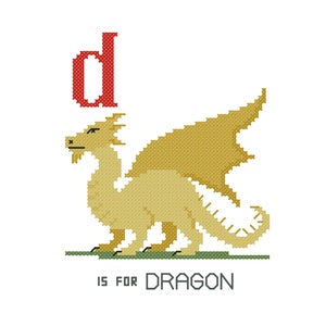 May include: A cross-stitch style illustration of the letter "D" in red, followed by a yellow dragon with green grass underneath. The text "D is for Dragon" is below the image.