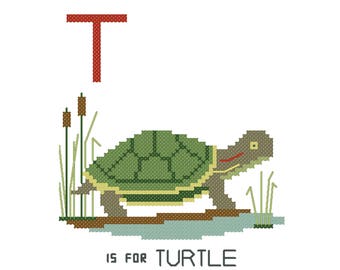 Turtle, Modern cross stitch PATTERN, Alphabet Animalia