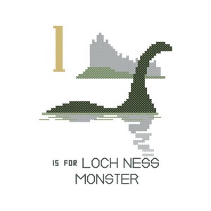 May include: A green pixelated Loch Ness Monster with a long neck and head, with a grey pixelated castle in the background. The text "I is for Loch Ness Monster" is below the image.
