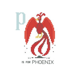 May include: A red phoenix with yellow accents, stitched in a pixelated style, with the letter "P" and the text "P is for PHOENIX" below.