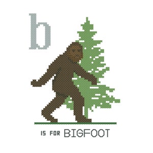May include: A brown Bigfoot character standing next to a green pine tree. The letter "B" is above the Bigfoot. The text "IS FOR BIGFOOT" is below the Bigfoot.