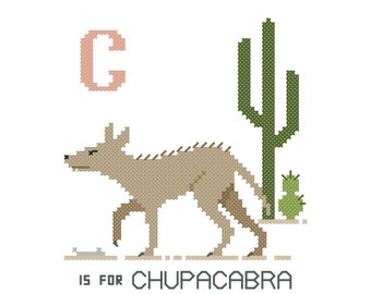 Chupacabra, Modern cross stitch PATTERN, Cryptid ABCs, Cryptozoology