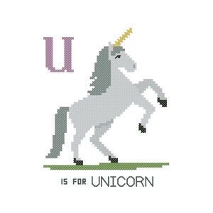 May include: A cross-stitch design of the letter U with a grey unicorn with a gold horn standing on a green patch of grass. The text "U is for UNICORN" is below the unicorn.
