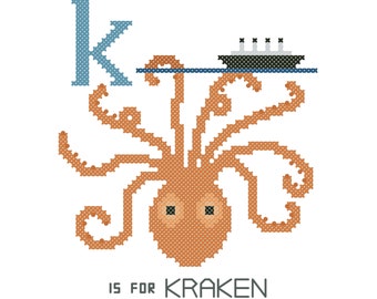 Kraken, Modern cross stitch PATTERN, Cryptid ABCs, Cryptozoology