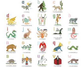 Cryptid ABCs Collection, Modern cross stitch PATTERNS, ABC flashcard art