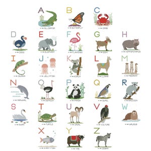 Alphabet Animalia Set, Modern cross stitch PATTERNS, ABC flashcard art