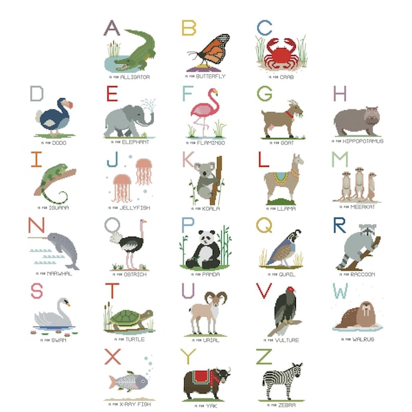 Alphabet Animalia Set, Moderne Kreuzstich Stickdateien, ABC Lernkarten