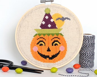 Halloween cross stitch, Retro holiday, Vintage Pumpkin