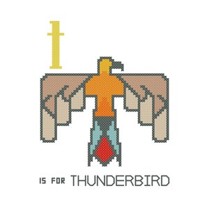 May include: A pixel art illustration of a Thunderbird with the letter "I" in yellow above it. The text "I is for Thunderbird" is below the image.