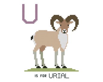 Urial, Modern cross stitch PATTERN, Alphabet Animalia
