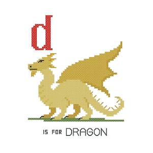 May include: A cross-stitch style illustration of a yellow dragon with a red letter 'd' above it. The text 'D is for Dragon' is below the dragon.
