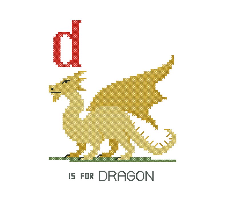 May include: A cross-stitch style illustration of a yellow dragon with a red letter 'd' above it. The text 'D is for Dragon' is below the dragon.