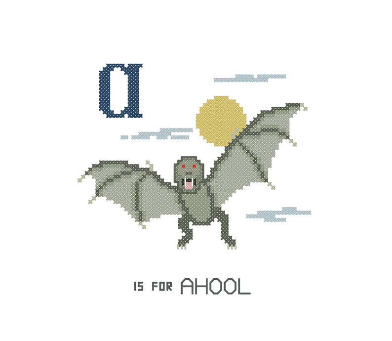 May include: A pixel art illustration of the letter A with a bat flying in front of a yellow sun. The text "A is for AHOOL" is below the image.