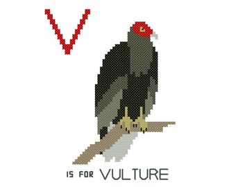 Vulture, Modern cross stitch PATTERN, Alphabet Animalia