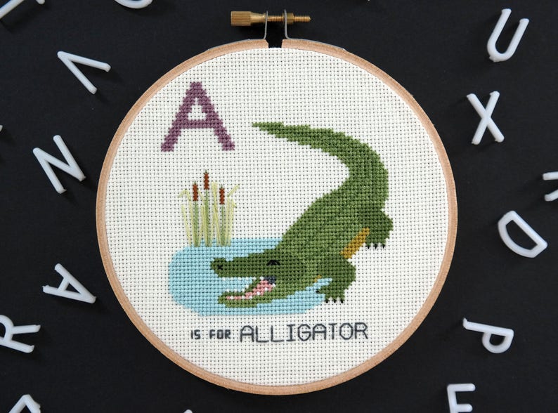 Alligator, Modern cross stitch PATTERN, Alphabet Animalia image 2