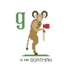 May include: A green letter G with a brown goat holding a red axe. The text below reads "G is for Goatman".