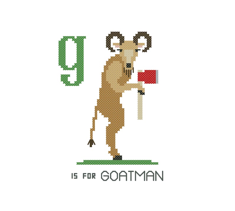 May include: A green letter G with a brown goat holding a red axe. The text below reads "G is for Goatman".