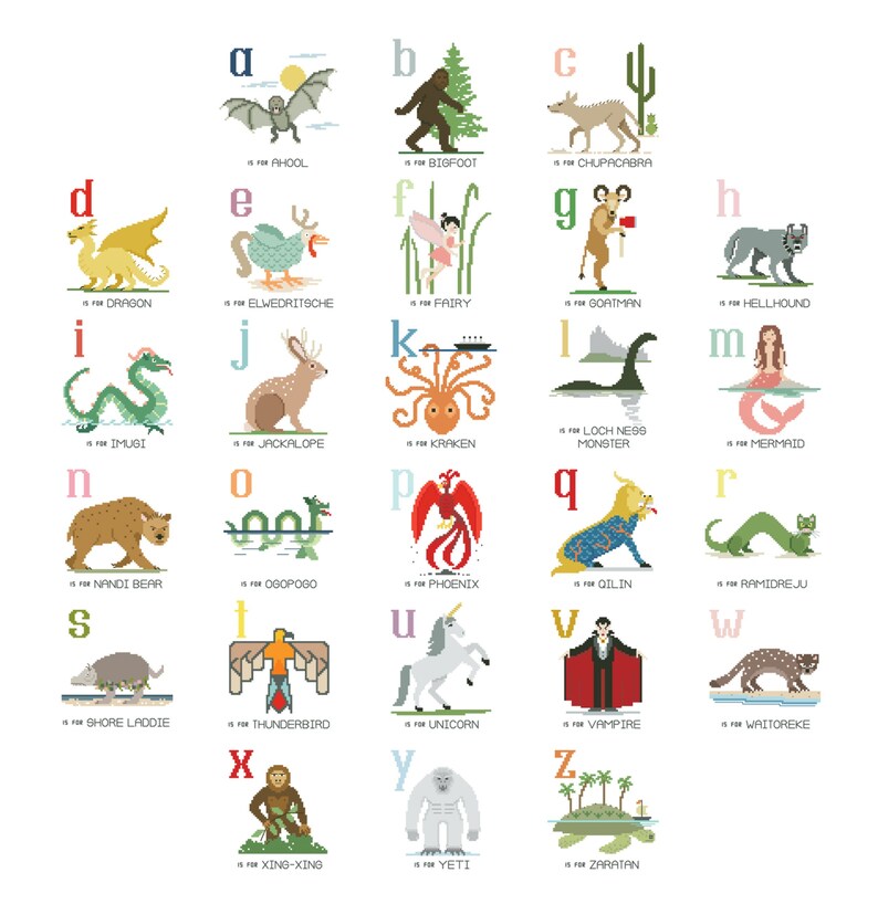 May include: An alphabet chart featuring illustrated mythical creatures and monsters. Each letter is paired with a creature, such as a dragon, unicorn, and kraken, and the name of the creature is listed below the letter.