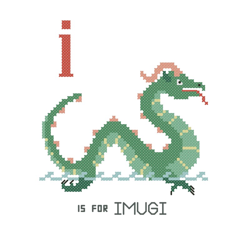 May include: A green and yellow Imugi, a Korean mythical water dragon, with a red tongue, is swimming in blue water. The letter "I" is in red above the dragon. The text "IS FOR IMUGI" is below the dragon.