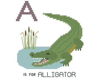 Alligator, Modern cross stitch PATTERN, Alphabet Animalia