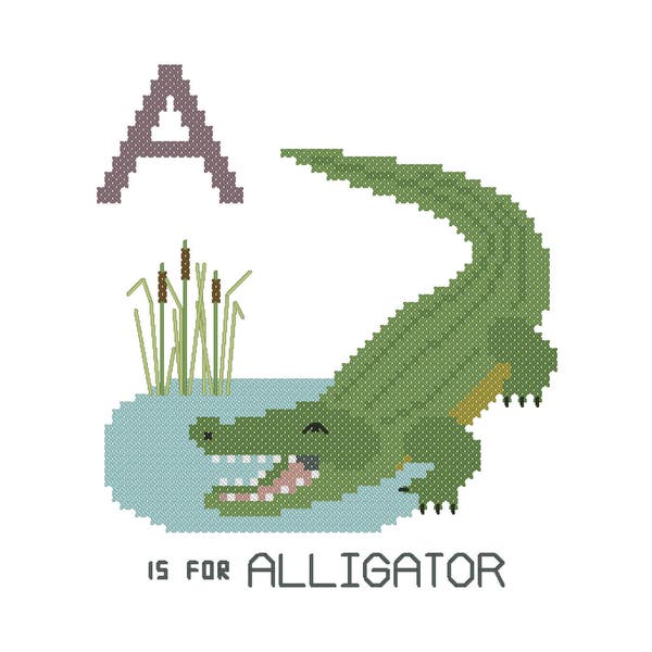 Alligator, Modern cross stitch PATTERN, Alphabet Animalia