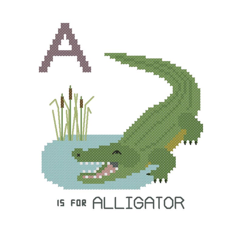 Alligator, Modern cross stitch PATTERN, Alphabet Animalia image 1