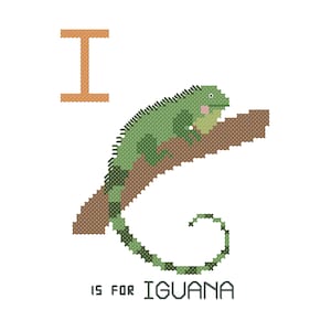 May include: Green iguana with a pink tongue on a brown branch. The letter I is in the upper left corner. The text below the iguana says "I is for Iguana".