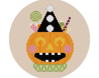 Halloween cross stitch PATTERN, Retro holiday, Vintage Jack-o-Lantern