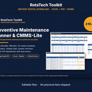 Preventive Maintenance Spreadsheet, CMMS Excel Template, Work Order Tracker, 52 Week PM Schedule, Asset Register, Google Sheets