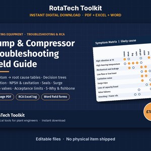 Guía de solución de problemas de bombas y compresores, plantilla de Excel para análisis de causa raíz (RCA), tabla de fallas por vibración, formularios de campo para ingenieros de mantenimiento.