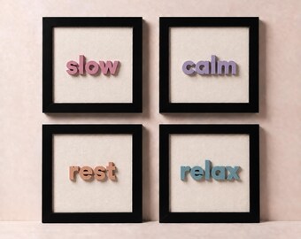 Slow Living gerahmtes 3D-Wandbild-Set (4-teilig), Pastellschrift
