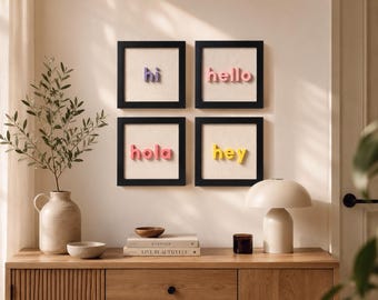 Hi Hello Hola Hey Gerahmtes 3D-Wandbild-Set mit 4 Teilen
