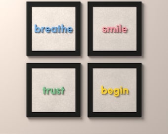 3D-Wandbild-Set „Atmen“, 4-teilig, farbenfrohe Typografie mit Rahmen, „Atmen“, „Lächeln“, „Vertrauen“, „Beginn“, Wanddekoration aus Stoff