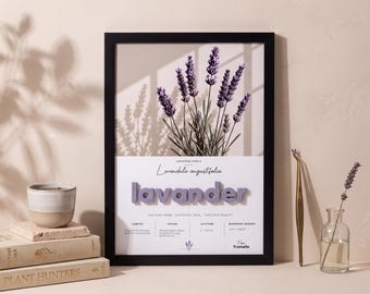 Lavendelfarbenes Wandbild mit botanischem Motiv und 3D-Schriftzug, gerahmt, 33 x 45 cm