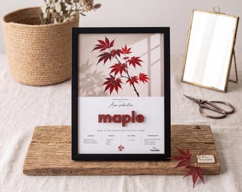 Japanisches Ahorn-Wandbild mit botanischer Motivgebung und 3D-Schriftzug, gerahmt, 33 x 45 cm