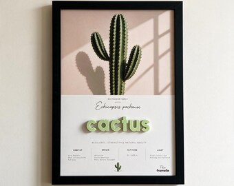 Botanisches Wandbild mit Kaktusmotiv, erhabener Schrift, schwarzer Rahmen, 33 x 45 cm