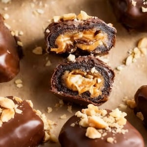 May include: Close-up of chocolate-covered treats with a peanut butter filling, topped with chopped peanuts. The treats are arranged on a brown surface, with some cut open to reveal the filling.
