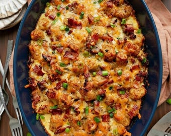 Rezept für Kartoffelauflauf (PDF), Frühstück zum Vorbereiten, Wurst-Ei-Käse-Auflauf, einfaches Brunch-Rezept, druckbarer Download