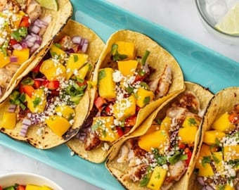 Fantastisches Rezept für Baja-Fisch-Tacos (PDF), Fisch-Tacos mit Mango-Salsa, Rezept für knusprige Fisch-Tacos, druckbares Abendessen-Rezept, mexikanisches Meeresfrüchte-Rezept