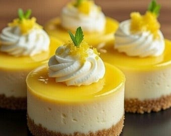 Rezept für Mini-Zitronen-Käsekuchen (PDF), einfaches Käsekuchen-Dessert für Einzelpersonen, Zitronendessert-Rezept, druckbare Backrezeptkarte, Party-Dessert