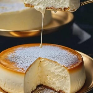 Puede incluir: Primer plano de una tarta de queso con una porción levantada. La tarta tiene una corteza dorada y un relleno blanco cremoso, espolvoreado con azúcar glas. La porción tiene una textura cremosa, con un líquido blanco goteando.