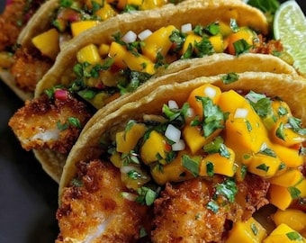 Rezept für Baja-Fisch-Tacos mit Mango-Salsa (PDF) – Knuspriges Fisch-Taco-Rezept, druckbares mexikanisches Meeresfrüchte-Rezept, einfaches Abendessen
